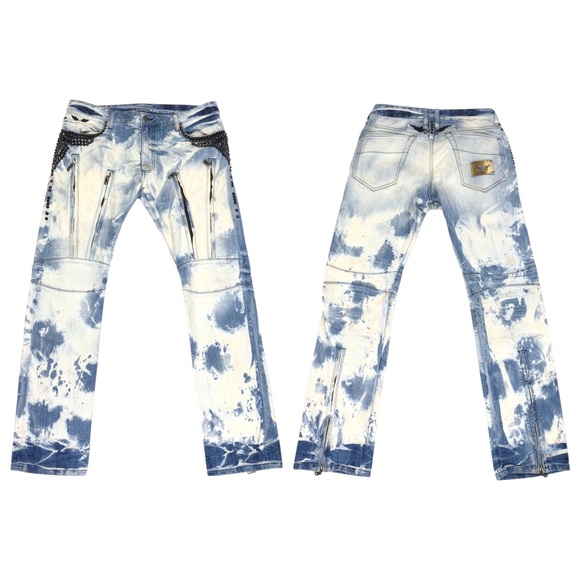 Robin's Jean Men's Acid Wash Studded Zippers Straight Leg Size 36 36X34 Blue